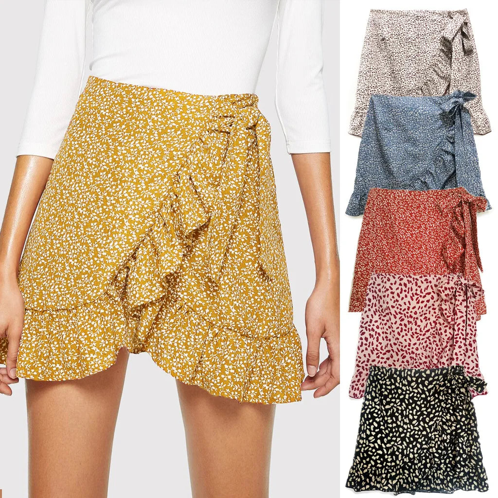 2022 Summer Women Lace up Waist Skirt European and American Irregular Falbala Hem Floral Printed Girls Casual Skirts