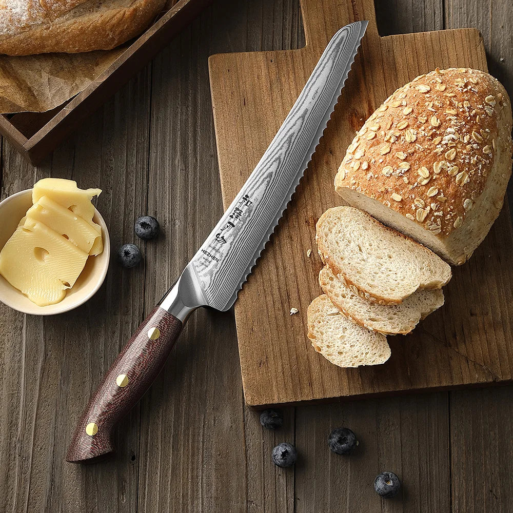 HEZHEN New Design Bread Knife Custom Damascus Steel Professional Kitchen Knives With Micarta Handle