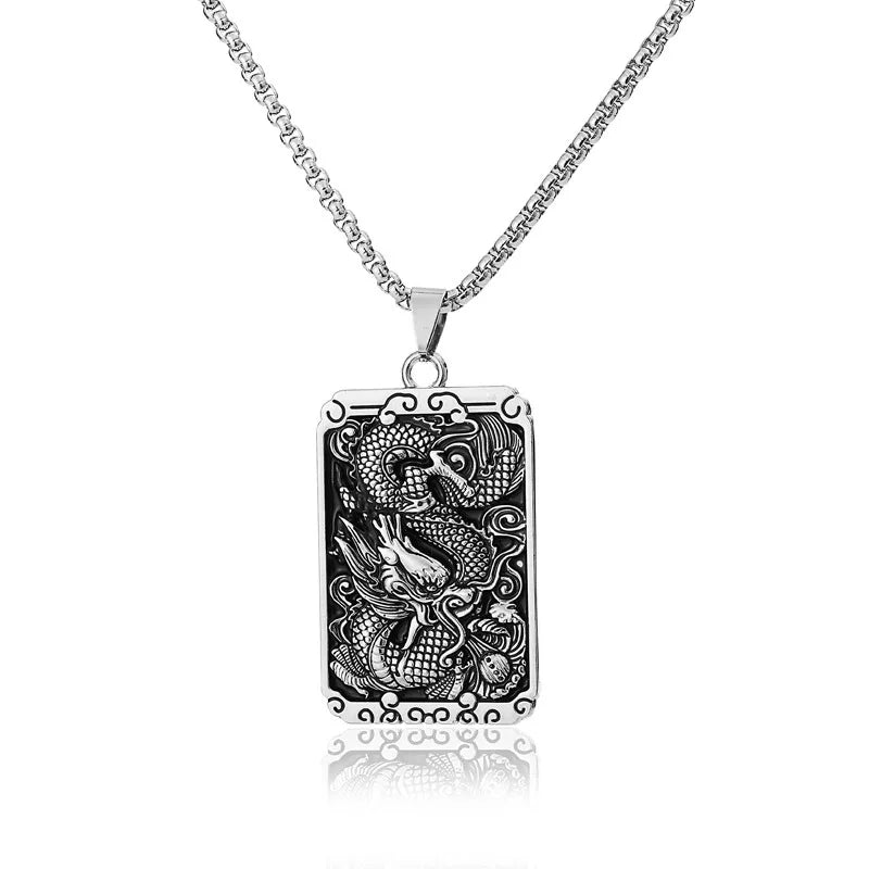 2024 Punk Cubic Carved Dragon Square Pendant Necklace Vintage Antique Silver Plated Stainless Steel Chain Men Dragon Necklace