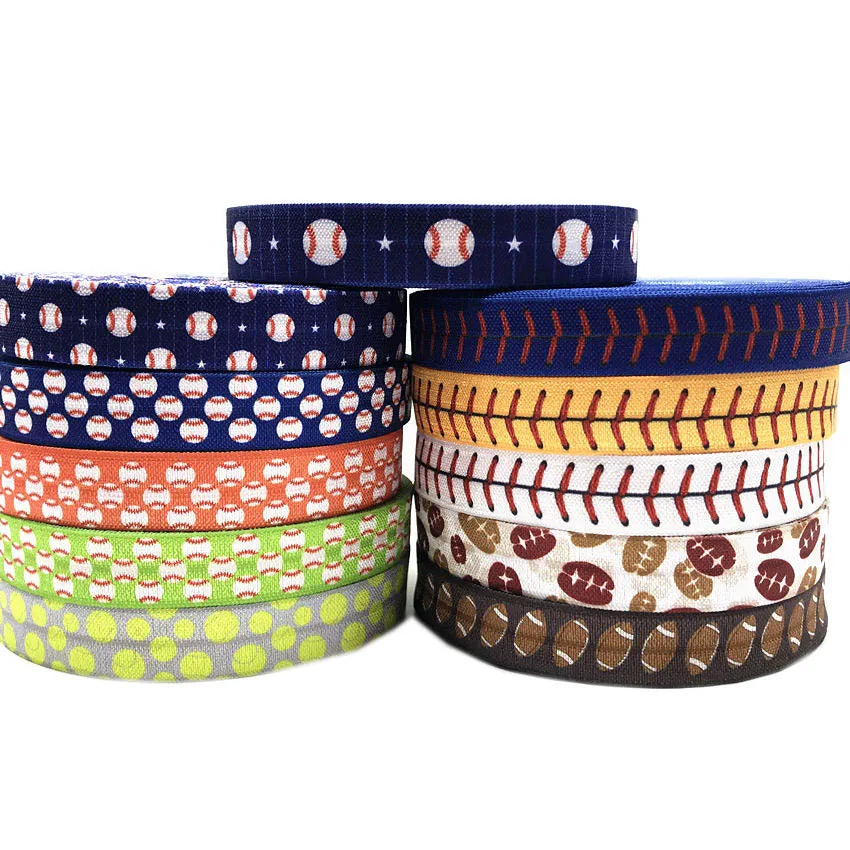 100 Yards Football Rugby Tennis Ball Softball Print Fold Over Elastic Soccer Golf Sport Elastic Ribbon for DIY Hair Accessories