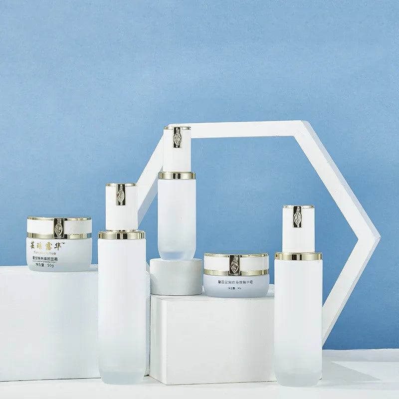 Custom logo 30g 50g 40ml 100ml 120ml White Glass Bottle with White Leaf Cap for Personal Care Cosmetic Package Container
