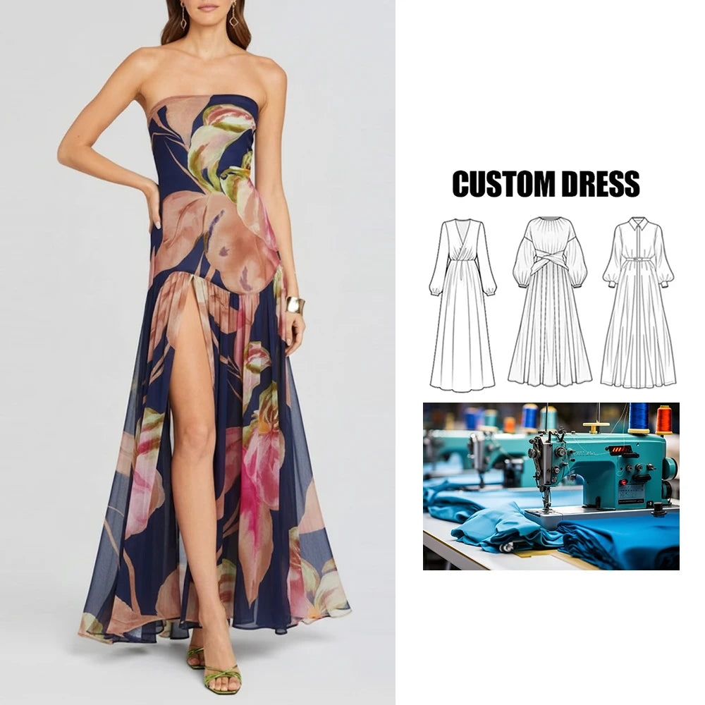 Brand Customization High-End Colorful Printing Women's Summer Dress Strapless Floral Maxi Silk Woven Dress Slit Long Maxi Dress