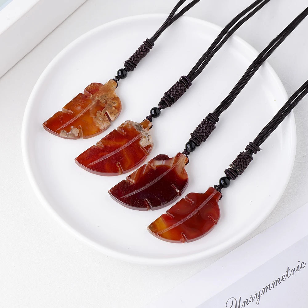 Natural Red Agate Leaf Necklace Healing Gemstones Carnelian Carved Women Pendant Accessories