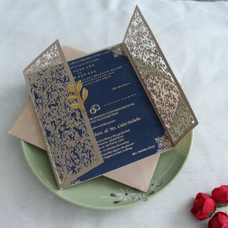 Gold and Navy Blue Color Laser Cut Wedding Invitation Model with Custom Word Gold Metal Leaves