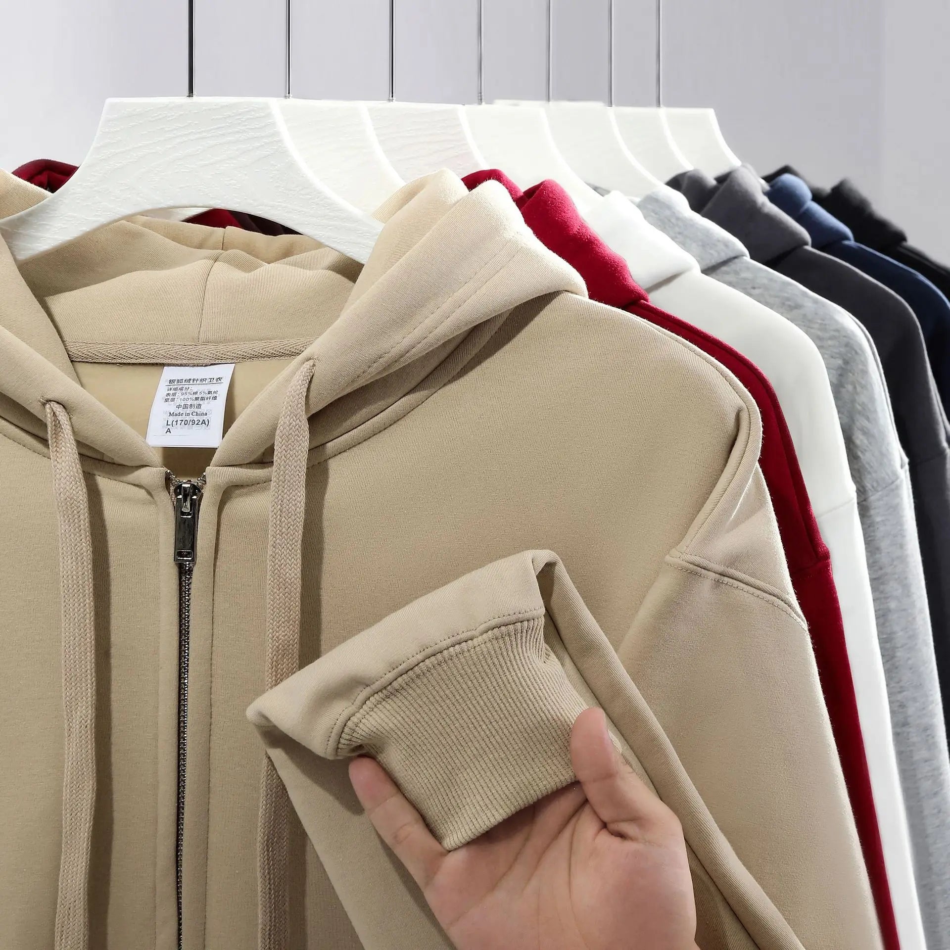 2024 Men 500gsm Fleece Zipper Hoodies 95% Cotton Sweater Long Sleeve Loose Solid Color Hooded Pockets Autumn Winter Tops Sweater