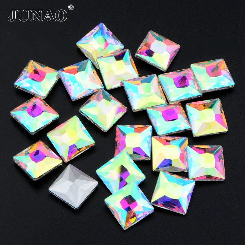 JUNAO Wholesale 8mm 10mm 12mm 14mm Clear Crystal AB Strass Fancy Square Diamond Pointback Glass Rhinestone for Dress