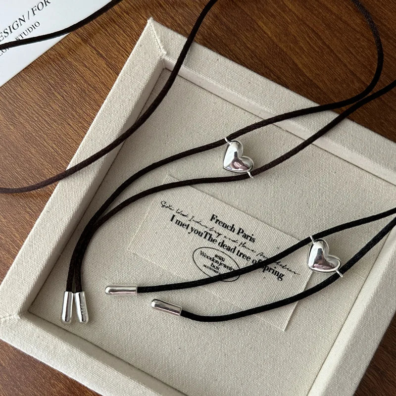 Fashionable Black Cord Long Necklace 925 Sterling Silver Heart Pendant Necklace for Daily