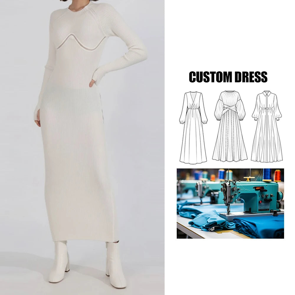 Brand Customization Fashionable High-end Hollow Backless Design Pullover Knitted Dress Maxi Long Straight Dress