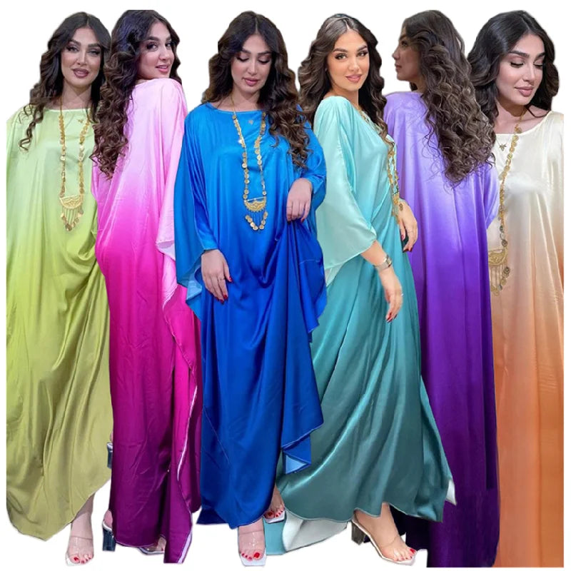 MQ099 Traditional Muslim Clothing Middle East Dubai Abaya Soft Light Satin Bat Sleeve Robe Femme Muslim Women Modest Dresses