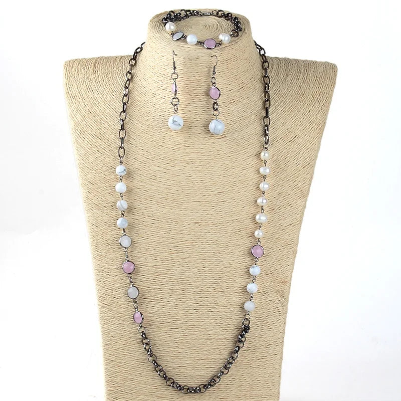 Fashion Punk Black Gun Collar De Perlas Amazonite Picture Jasper Natural Stone Fresh Water Pearl Necklace Bracelet Earring Set