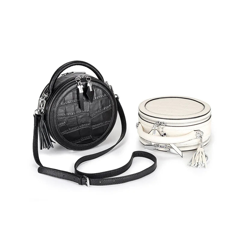 Ladies' Genuine Leather Crocodile Clutch Handbag Barrel Bag with Open Closure Fashionable Round Shoulder Bag for Women