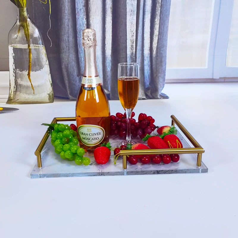 Modern Luxury Acrylic Food Serving Tray 6mm Thickness Customized Color Gold Handles Custom Logo Custom Packaging Home Restaurant
