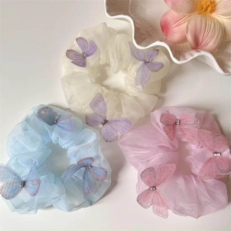 Wholesale Designer Hair Scrunchie Cute Charms Elastic Band Low Cost Colorful Blue Yellow Organza 3D Moving butterfly Scrunchies
