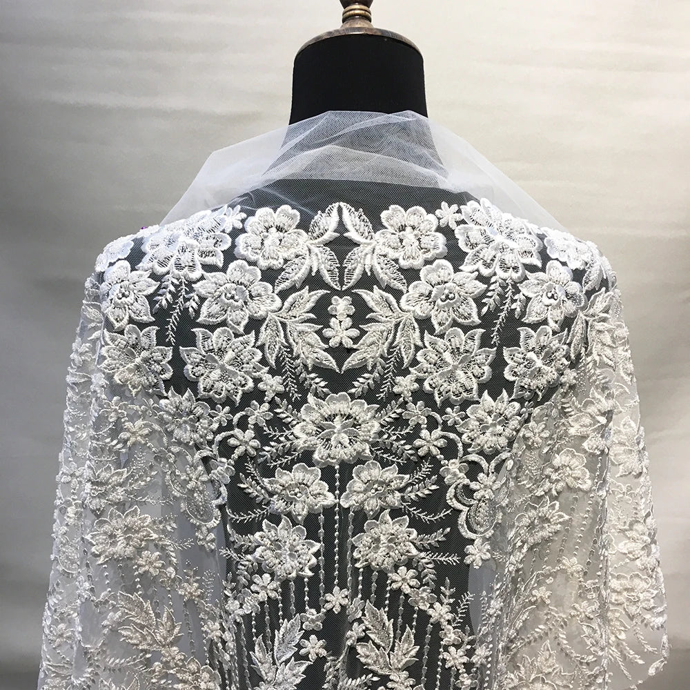 Ivory White Bridal Lace Fabric 3D Floral Embroidered French Tulle Beaded Lace for Wedding Gown Dress