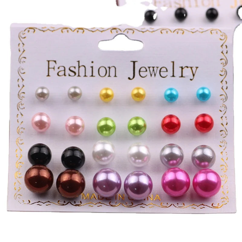 Best Selling L12 Pairs of Small & Large Ball Pearl Stud Earrings Colorful Pearls for Girls Simple Fashionable Trendy Style