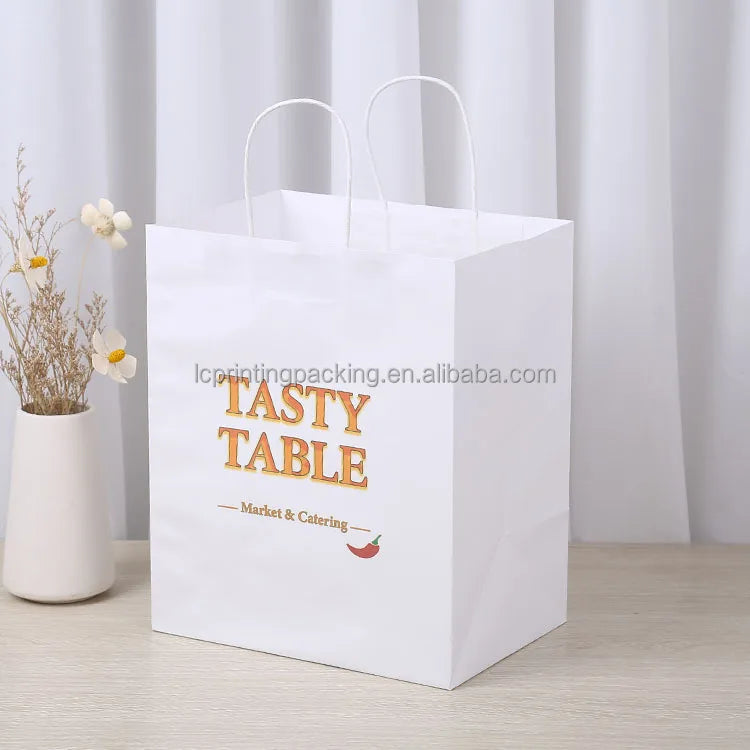 Custom Logo Printed Eco-friendly Recyclable White Kraft Paper Take Food Packaging Box Delivery Bags Promotion Offset Printing