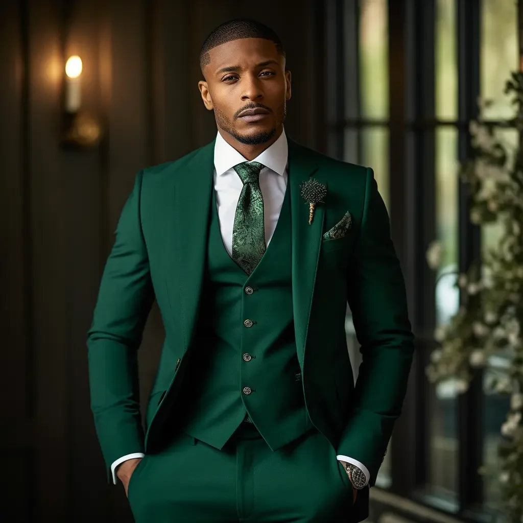 Latest Formal Wear High-End 3 Piece Men Suits Elegant Emerald Green 3-Pieces (Jacket+Vest+Pants)  Wedding Tuxedos Business Suit