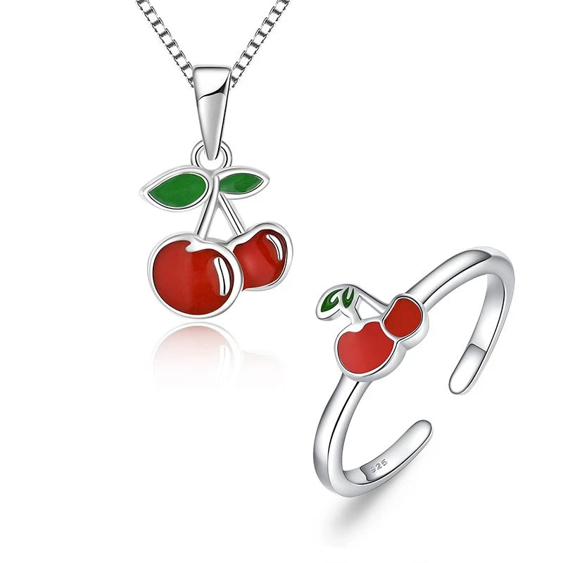 Wholesale 925 Sterling Silver Cherry Jewelry Set with Red Enamel & Green Leaves