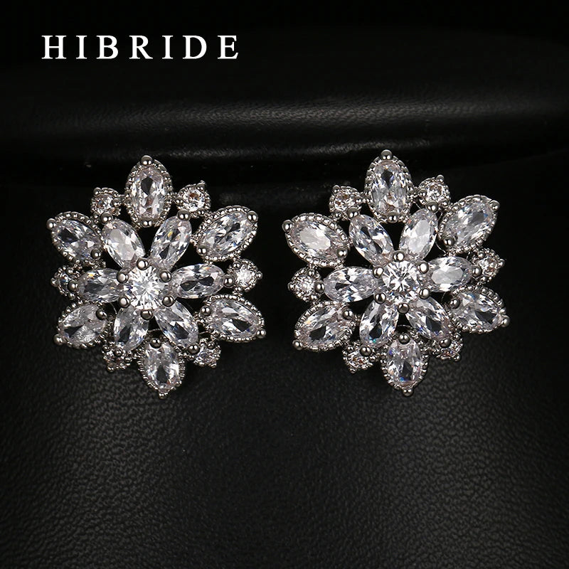 HIBRIDE 2017 Clear Crystal Big Flower Shape Earrings White Gold Color Zirconia Stud Earring Party Gifts E-60