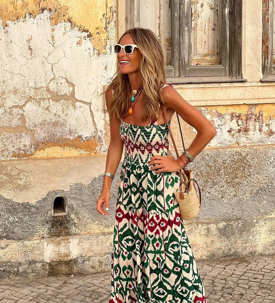 2023 Women's New Summer Beach Vacation Long Dress With Printed Hanging Strap and Large Sweeping Floor Dress