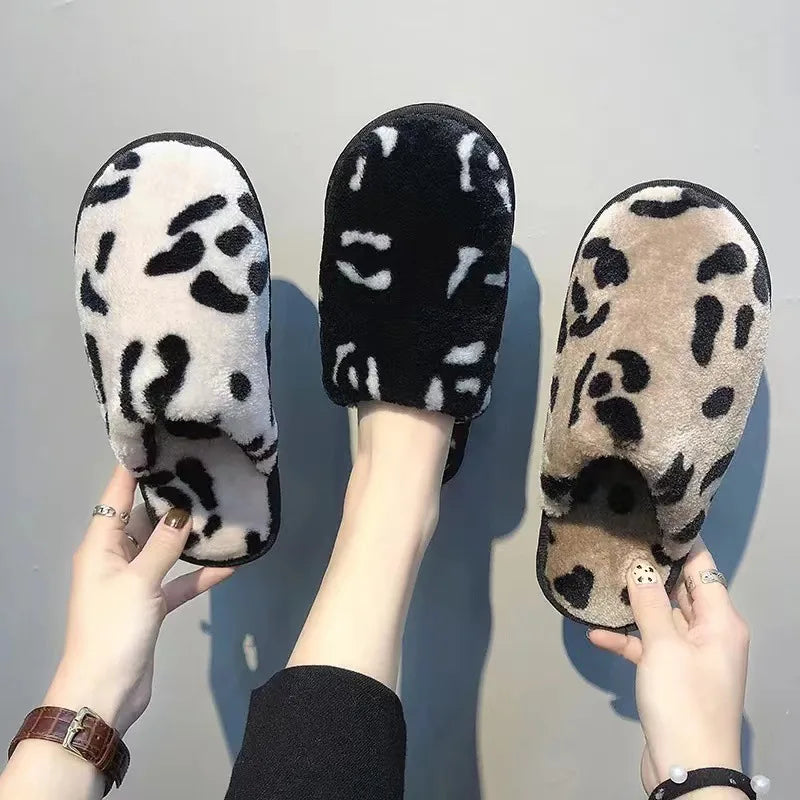 MIO Fashion Winter Furry Faux Fur Lined Bedroom Shoes Ladies Leopard Fluffy Slipper Cozy Indoor Slide Slipper for Women