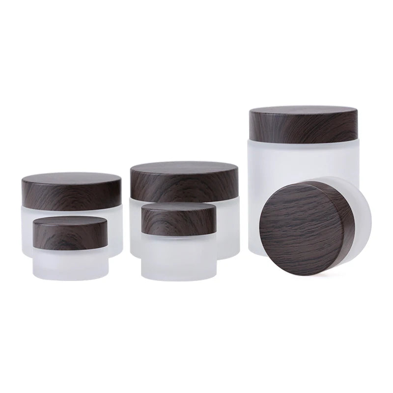 Custom Matte Frosted Black 50g 30g 15g 10g 5g 10ml 20ml 50ml Glass Cream Jars Pot Containers With Bamboo Wood Grain Lids