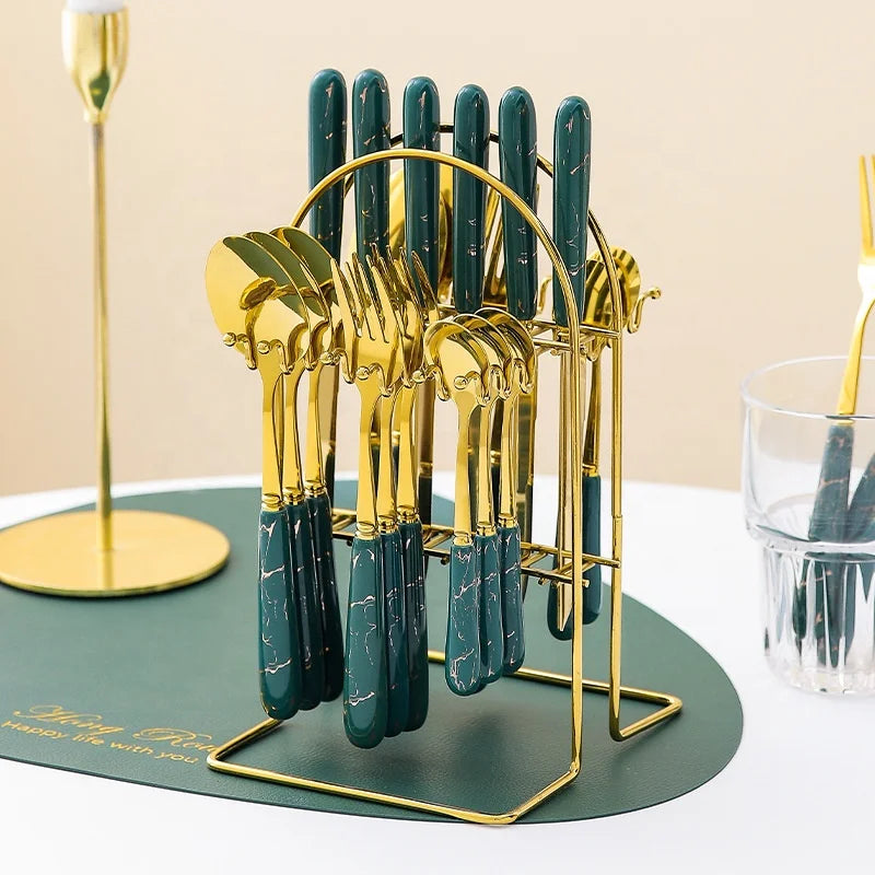 Court Style 24pcs White Gold Marble Ceramic Handle Stainless Steel Cutlery Sets Spoon Fork with Gold Holder