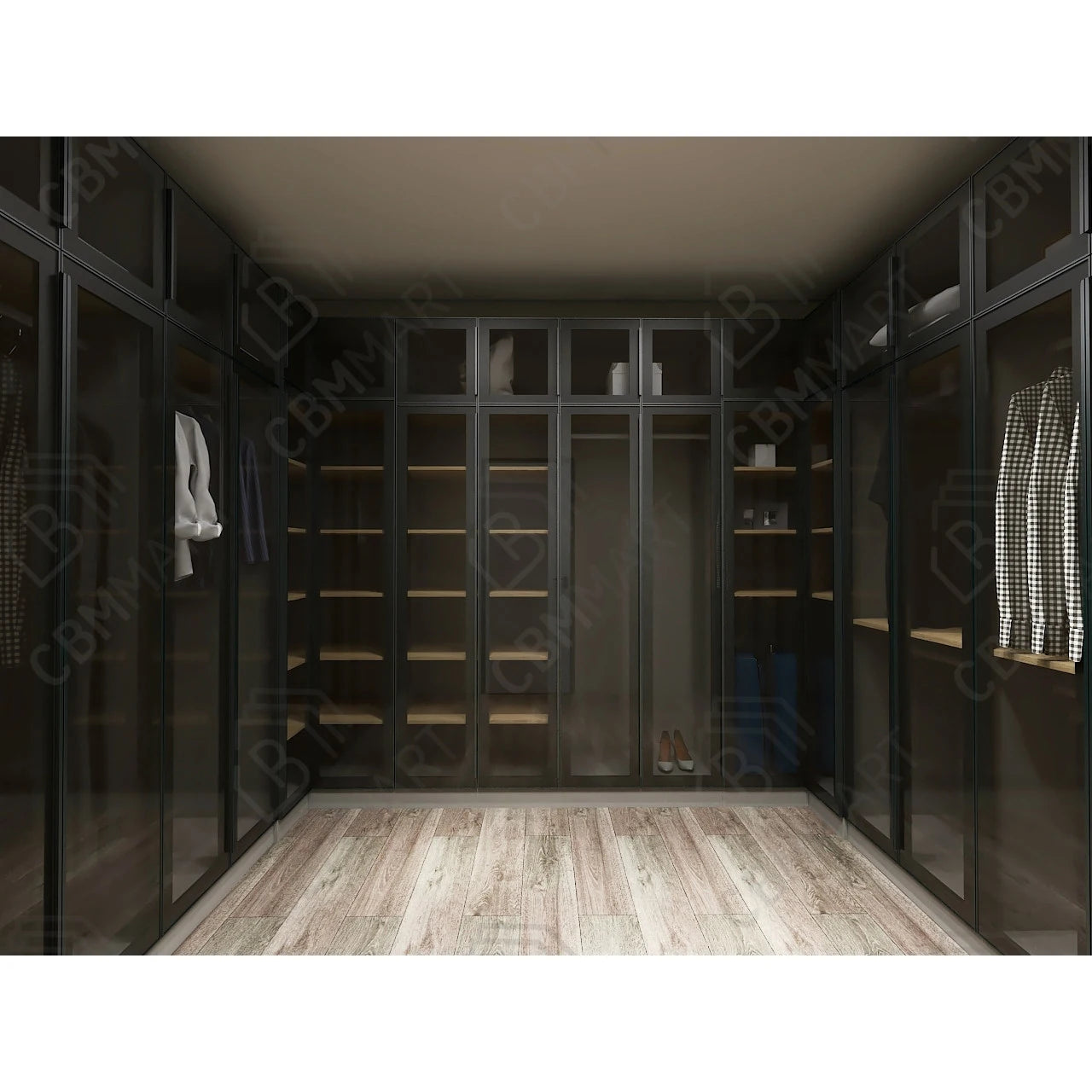 Custom U shape wardrobe clothes wardrobe bedroom furniture black walk in closet glass door wardrobe