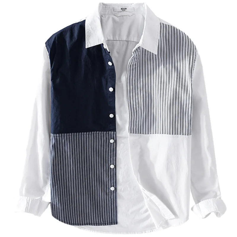 RNSHANGER New Men's Long-sleeved Shirt New Trendy Color Matching Cotton Shirt Casual Fashion Youth Striped Lapel Shirts