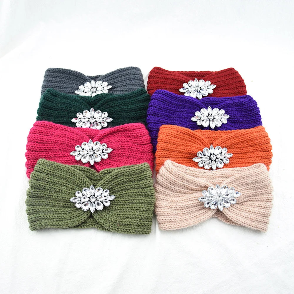 Korean Luxury Fashion Winter Wide Elastic Knitted Headband Hair Hoop Crystal Flower Twist Crochet Women Knot Rhinestone Tip Top