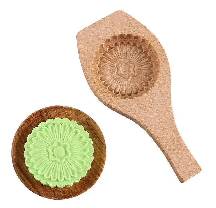 Chinese Traditional Mid-autumn Festival Carved Round Beech Wood Moon Cake Mold With Handle