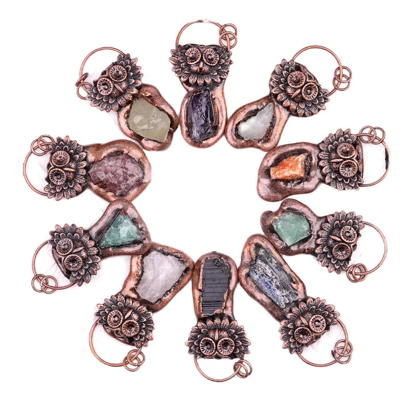 Wholesale Vintage Copper Cute Owl Shaped Irregular Stone Pendant Multi-Color Agate Stone Pendant for Necklace Making As Gift