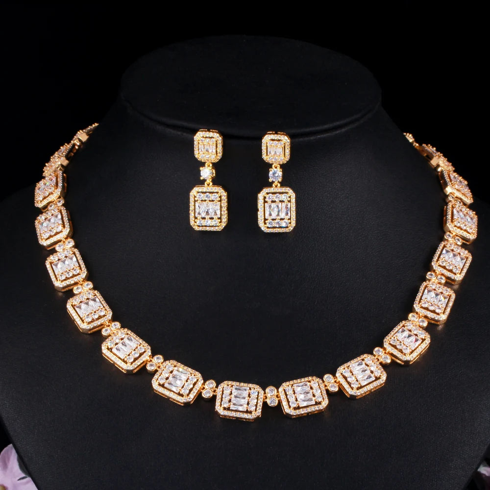 Dubai Gold Plated White Cubic Zircon Big Square Shape Necklace Earrings Wedding Bridal Luxury Jewelry Set Accessories for Women