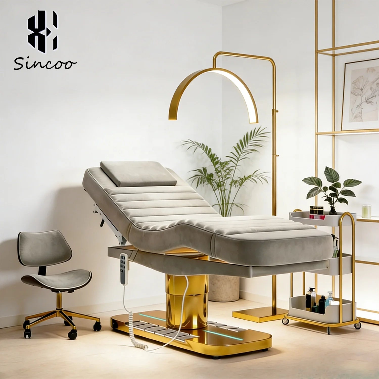 Gold Bottom Stainless Steel Base With Light Foot Control 3 Motor Electric Beauty Massage Bed With Chair Custom Face Bed