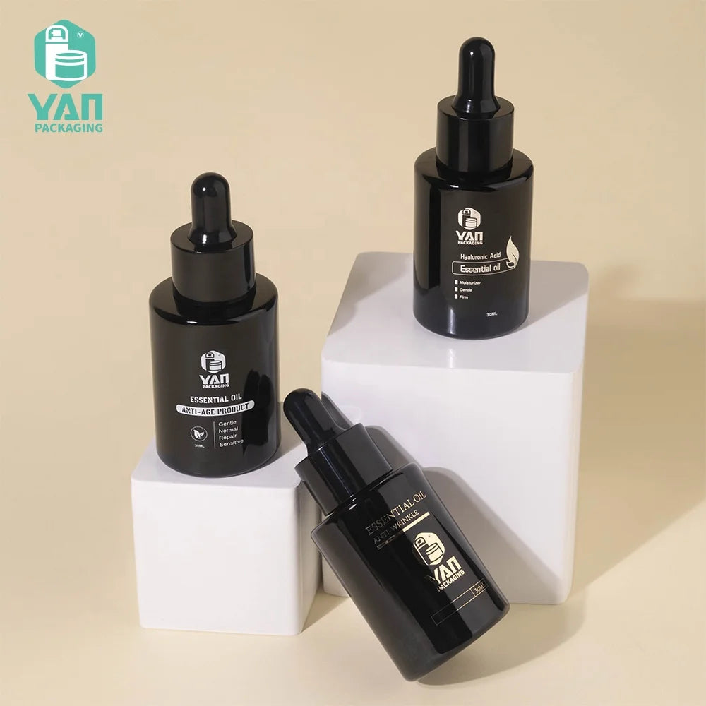 YAN Packaging 30ml Flat Shoulder Black Empty Hair Care Oil Cosmetic Glass Dropper Bottle Wholesale Widely Used Design Sense