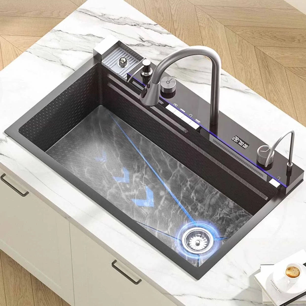 2025 Popular Large Single Slot Multifunction Sink Anti-Scratch LED Digital Display Waterfall Kitchen Sink