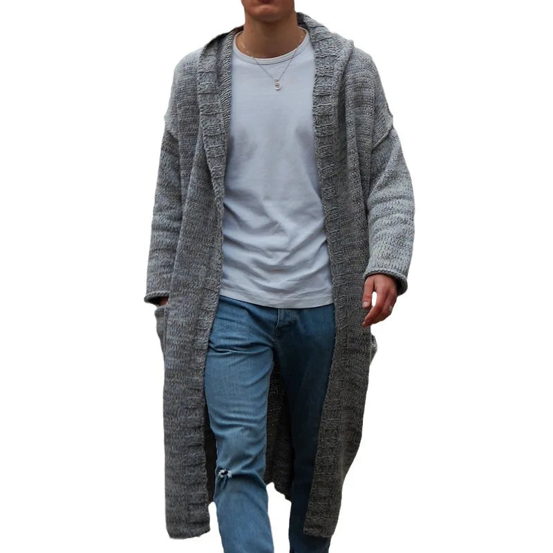 Fall Winter Male Casual Solid Thin Knitwear Sweater for Men Long Knitted Hooded Cardigan