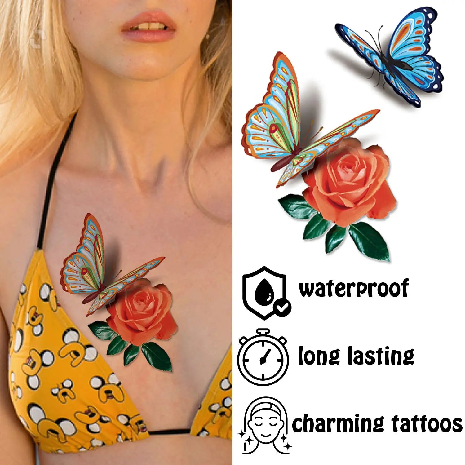 3D Series Brightly Colored Personalized Realistic Valentine's Day butterfly Roses Temporary Tattoo Stickers for Women Adults
