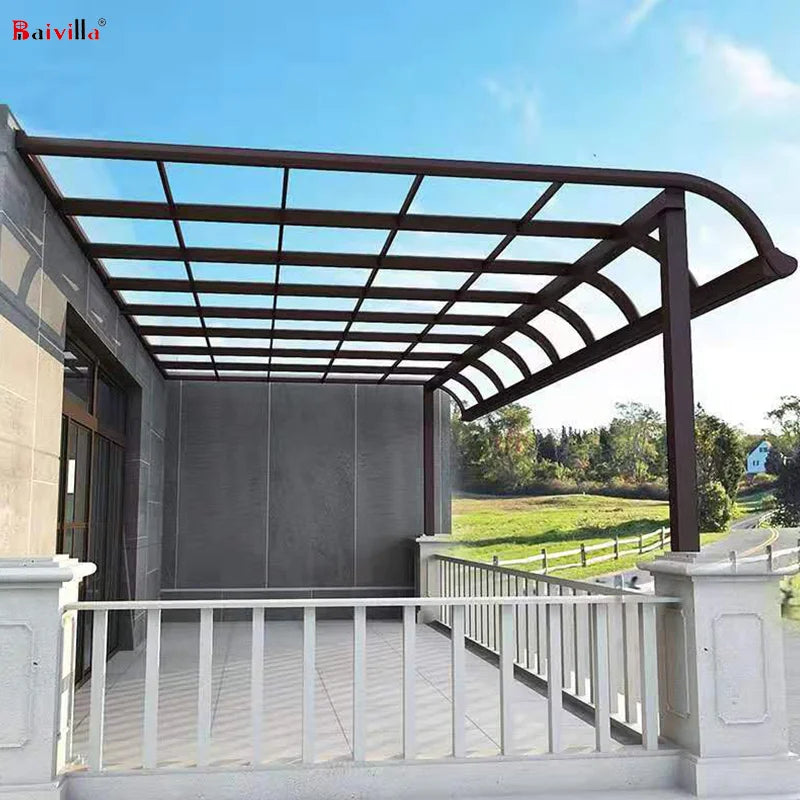 Modern Simple Design Outdoor Metal Roof Polycarbonate Panels Black Aluminum Frame Curved Patio Cover Car Parking Car Car Garage