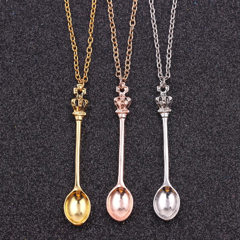 2022 New Gold Silver Plated Royal Crown Mini Tea Spoon Necklace for Women Girl
