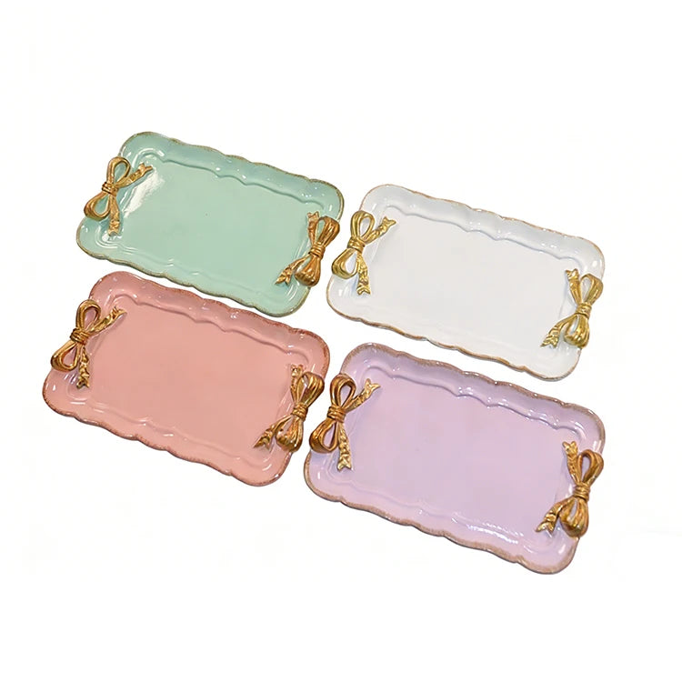 Modern Macaron Color Bowknot Decorative Resin Jewelry Dessert Cake Plate Dish Snack Sundries Serving Storage Tray