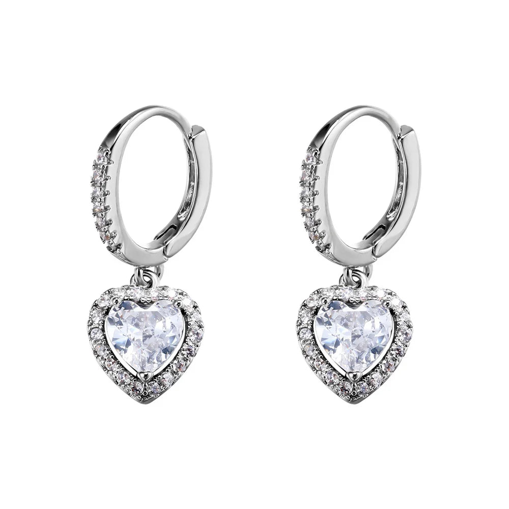 Fashion Earrings Jewelry Luxury Silver Color CZ Diamond Heart Stud Earrings Iced Out Heart Dangle Earrings for Women Gift