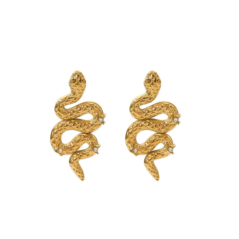 Classic Titanium Steel 18K Gold Plated Snake Style Texture White CZ Inserted Drop Earrings for Women