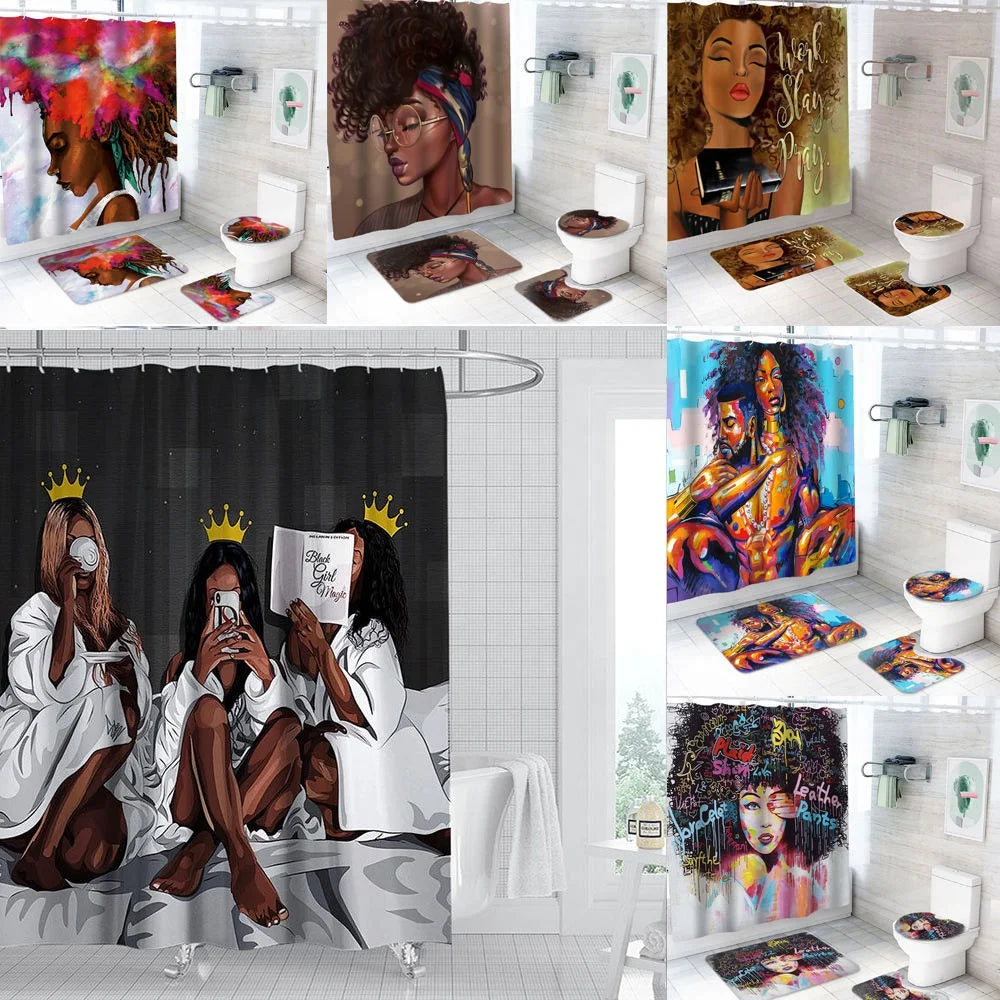 High Quality Modern American Girl African Designer Print Polyester Bathroom Shower Curtain Set Bathroom Decor Set