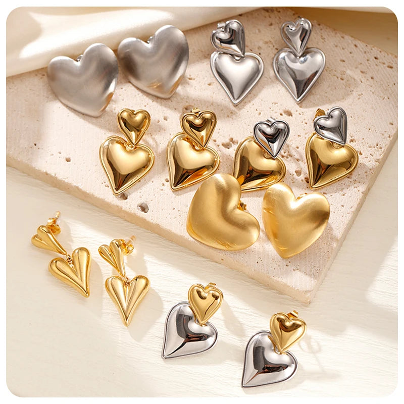 Trendy Double Heart Earring Waterproof Jewelry Stainless Steel 18K Gold Silver Plated Smooth Love Drop Earrings for Women