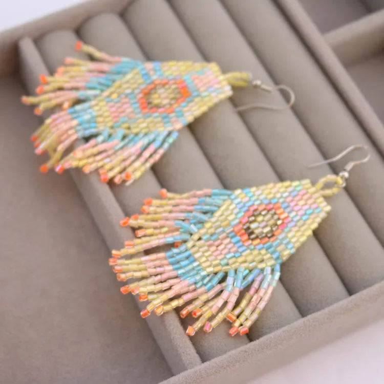 EG1018 Handwoven Miyuki Seed Bead Fringe Tassel Earrings Boho Geometric Statement Dangle Earrings for Women Girls