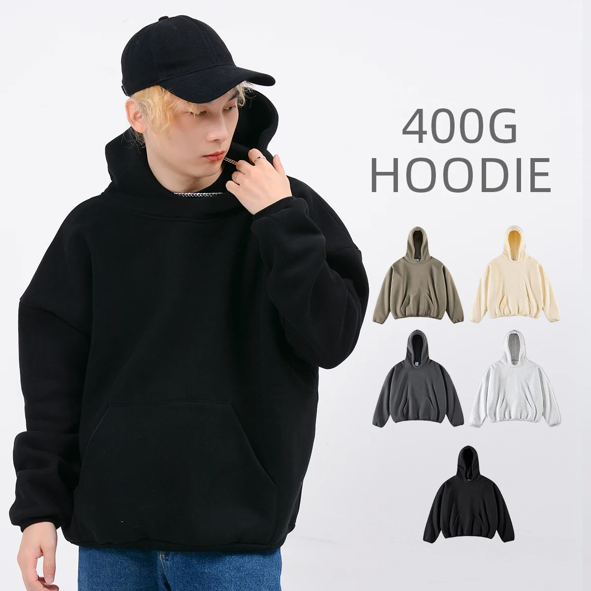 400gsm Double Layer Oversized Loose Winter Hoodies Men's Blank Custom Heavyweight Puff Printing Regular Length Pullover Hoodie