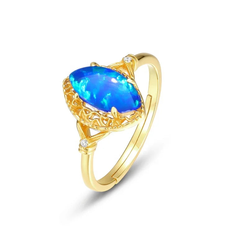New Design Custom Jewelry Wholesale Women Synthetic Blue Fire Opal Rings Blue Gemstone Ring