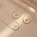 BINSHUO Colorful Opal Charm Necklace Stainless Steel Jewelry Choker Fan Shape Natural Stone Opal Sun Pendant Necklace for Women