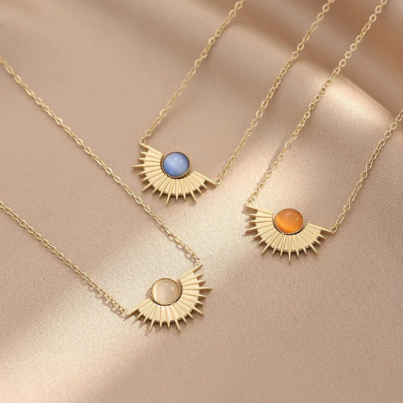 BINSHUO Colorful Opal Charm Necklace Stainless Steel Jewelry Choker Fan Shape Natural Stone Opal Sun Pendant Necklace for Women